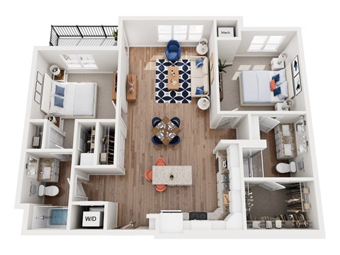 Floor plan for 2 beds, 2 baths, 1169 sqft